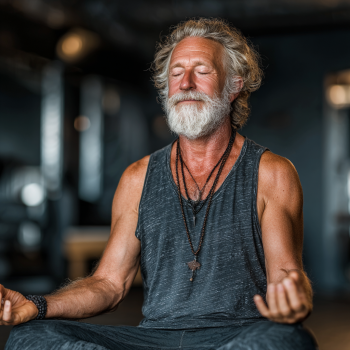 Літня жінка займається йогою на природі